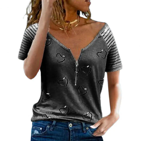 Hot Summer Women T-shirt Short Sleeve Zipper V Neck Striped Heart Print Loose T shirt Top Work T-shirt