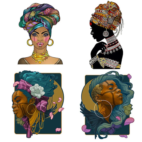 Flower Black Girl Thermo Heat Transfer Sticker On Clothes DIY African Women T-Shirt Iron On Patches For Clothing Applique Decor