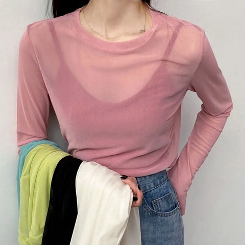 Ruoru Sexy Women T Shirt See Through Transparent Mesh Tops Long Sleeve Ladies T-Shirt Pink Green Top Basic Tops for Women