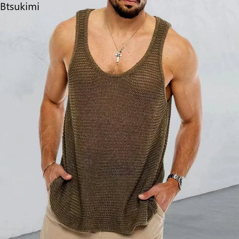 New Summer Men's Tank Top Loose Knit Sports Vest Fashion Solid 100% Viscose Sleeveless Male T-shirt Breathable Mesh Sports Top