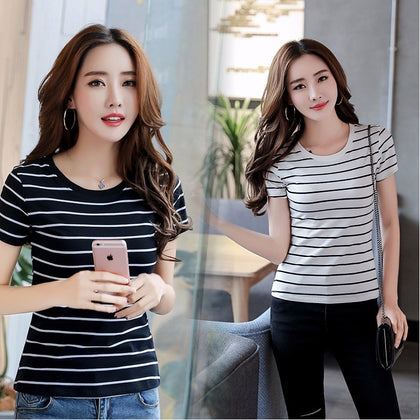 Black And White Striped T-shirt Women's Short-sleeved Slim Slimming Loose