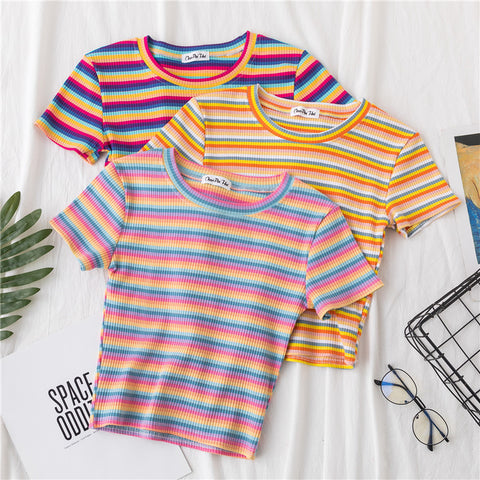 Crop T-shirt Women Short Short Sleeve Rainbow Stripe Tight Navel Small Shirt New HyunA Wind High Waist Top