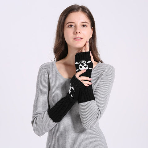 Winter Women Warm Cute Cartoon Skull Fingerless Sleeves Mittens Female Acrylic Stretch Knit Half Finger Arm Warmers Gloves C83