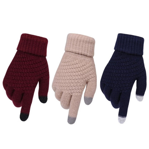 Women's Winter Touch Screen Gloves Thicken Warm Knitted Stretch Gloves Imitation Wool Full Finger Outdoor Skiing Gloves