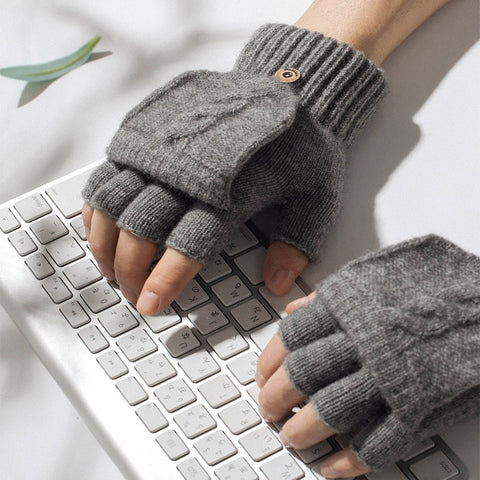 Wool Knitted Fingerless Flip Gloves Winter Warm Flexible Touchscreen Gloves for Men Women Unisex Exposed Finger Mittens Glove