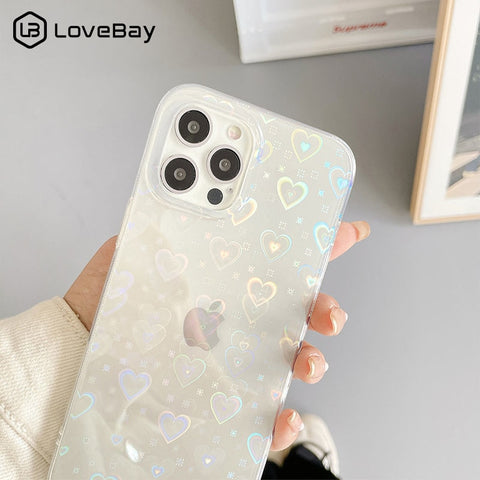 Fashion Gradient Laser Love Heart Pattern Clear Phone Case For iPhone 11 12 13 Pro Max X XS XR 7 8 Plus SE 2020 Shockproof Back